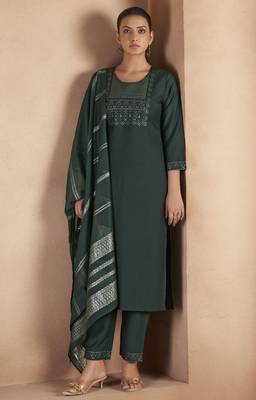 Dark green cotton blend embroidered kurta set with dupatta for women 1
