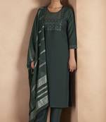 Dark green cotton blend embroidered kurta set with dupatta for women
