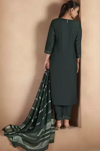 Dark green cotton blend embroidered kurta set with dupatta for women