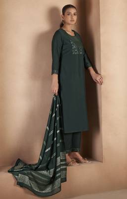 Dark green cotton blend embroidered kurta set with dupatta for women 3