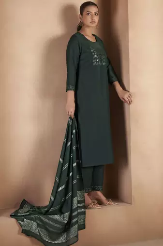 Dark green cotton blend embroidered kurta set with dupatta for women
