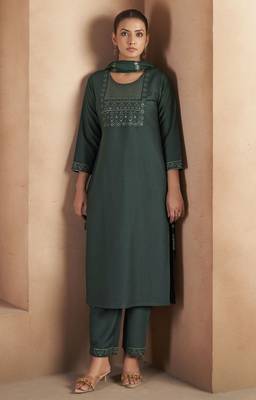 Dark green cotton blend embroidered kurta set with dupatta for women 4