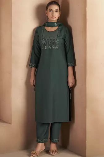 Dark green cotton blend embroidered kurta set with dupatta for women