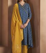 Navy blue viscose rayon printed kurta set with dupatta for women