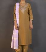 Mustard cotton blend floral embroidered kurta set with dupatta for women