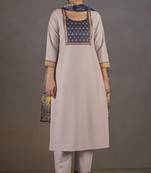 Cream chinnon floral printed kurta set with dupatta for women