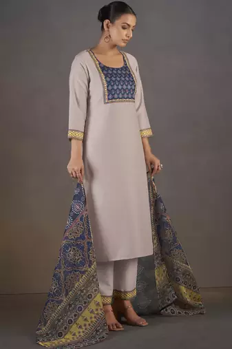 Cream chinnon floral printed kurta set with dupatta for women