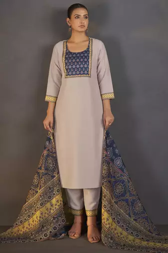 Cream chinnon floral printed kurta set with dupatta for women