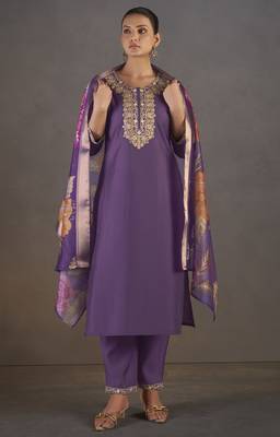 Purple roman silk embroidered kurta set with dupatta for women 1