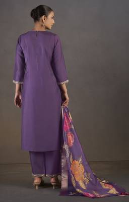 Purple roman silk embroidered kurta set with dupatta for women 2