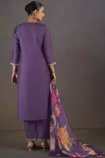 Purple roman silk embroidered kurta set with dupatta for women