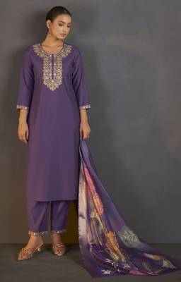 Purple roman silk embroidered kurta set with dupatta for women 3