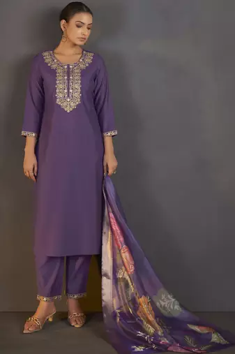 Purple roman silk embroidered kurta set with dupatta for women
