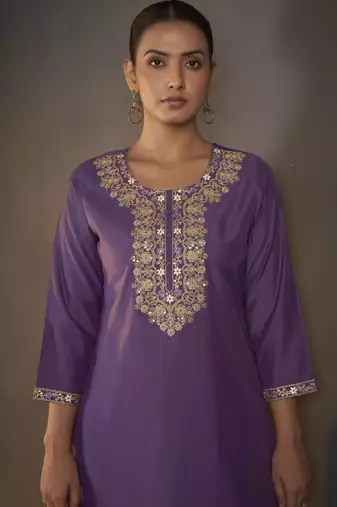 Purple roman silk embroidered kurta set with dupatta for women