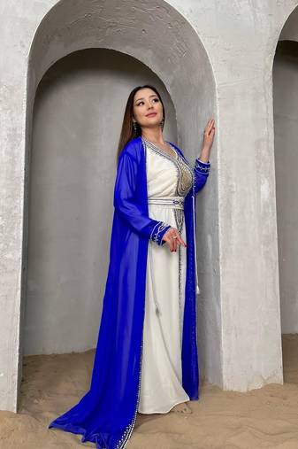 Blue & White  Wedding Moroccan Dubai Kaftan Arabic Abaya Dress Very Fancy Long Gown 