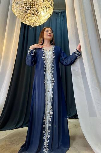  navy-blue Moroccan Dubai Kaftans Farasha Abaya Dress Very Fancy Long Gowns