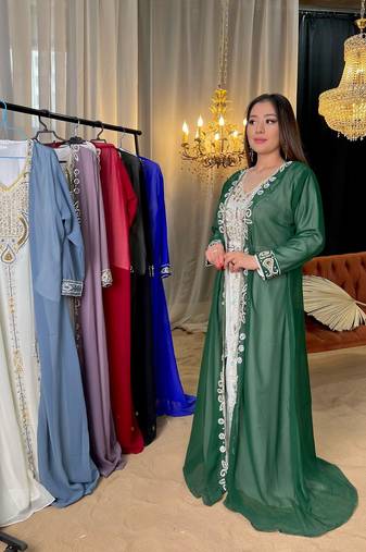 Green Moroccan Dubai Kaftans Farasha Abaya Dress Very Fancy Long Gown 