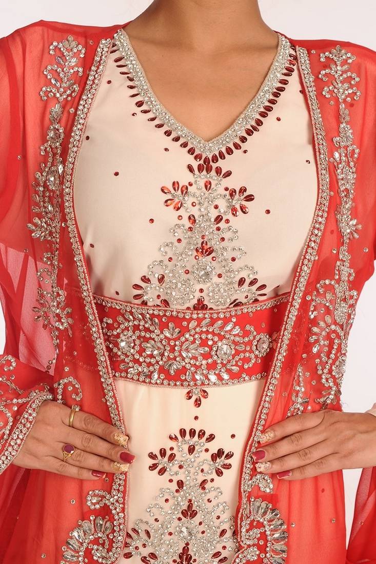 Off white and red georgette embroidered stitched islamic kaftans