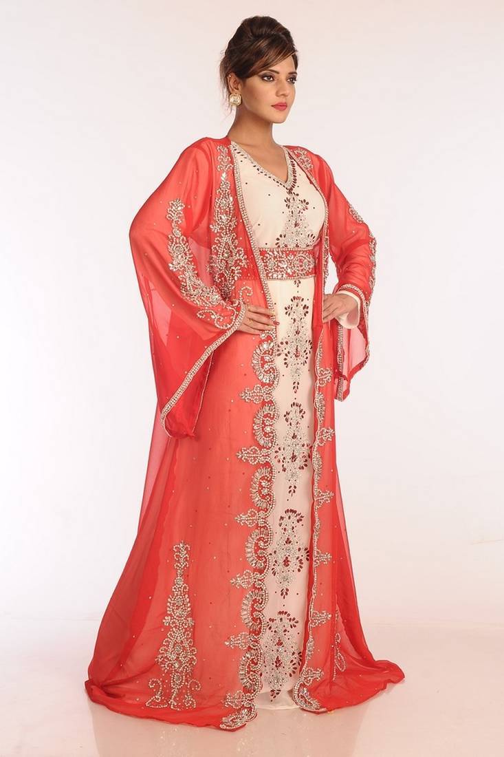 Off white and red georgette embroidered stitched islamic kaftans