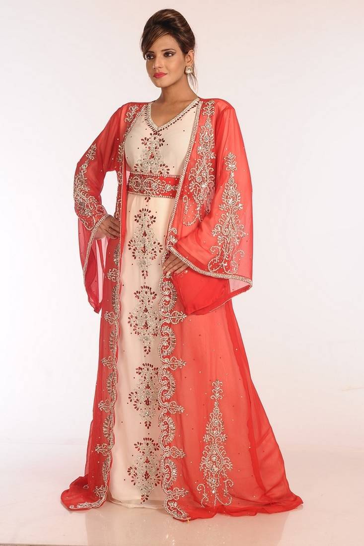 Off white and red georgette embroidered stitched islamic kaftans