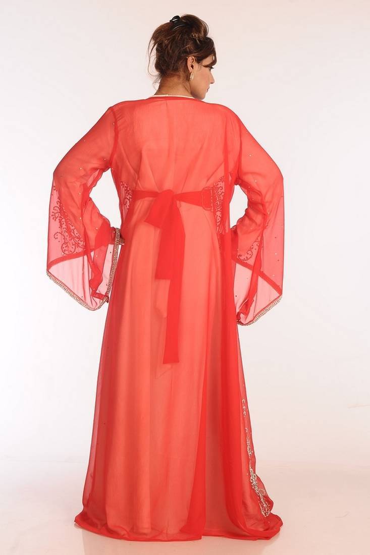 Off white and red georgette embroidered stitched islamic kaftans