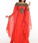 Red zari work stones & beads embellish georgette islamic style arabian maxi partywear kaftan