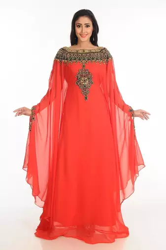 Red zari work stones & beads embellish georgette islamic style arabian maxi partywear kaftan