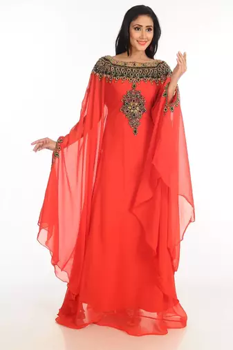 Red zari work stones & beads embellish georgette islamic style arabian maxi partywear kaftan