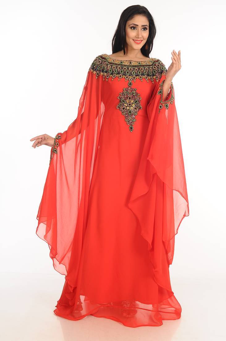 Red zari work stones & beads embellish georgette islamic style arabian maxi partywear kaftan