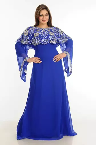 Blue zari work stones & beads embellish georgette islamic style arabian maxi partywear kaftan