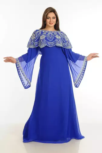 Blue zari work stones & beads embellish georgette islamic style arabian maxi partywear kaftan