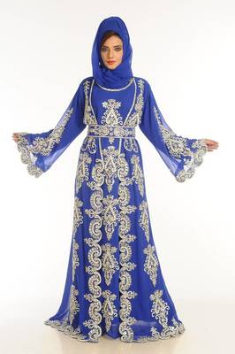 Royal blue embroidered georgette islamic kaftan 4