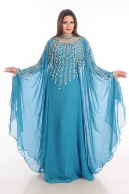 Turqoise zari work georgette islamic style party wear stones and beads embedded arabian kaftan 1