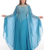 Turqoise zari work georgette islamic style party wear stones and beads embedded arabian kaftan