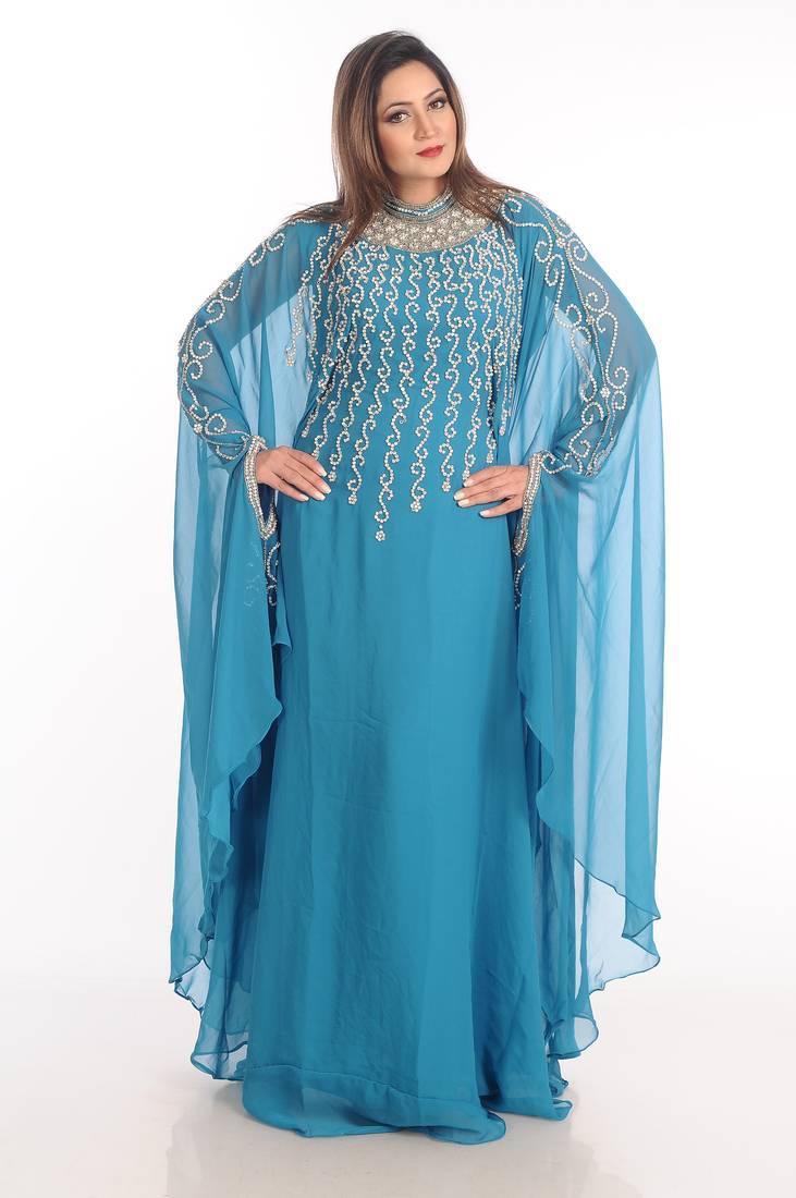 Turqoise zari work georgette islamic style party wear stones and beads embedded arabian kaftan