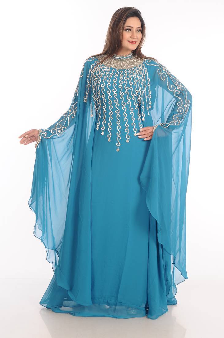 Turqoise zari work georgette islamic style party wear stones and beads embedded arabian kaftan
