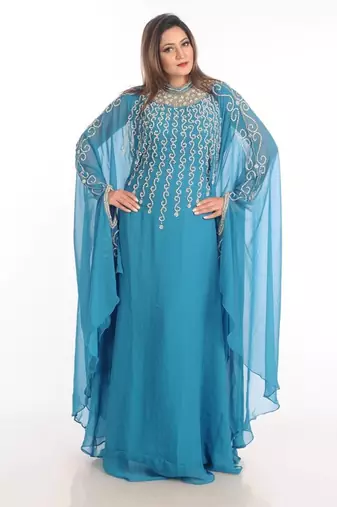 Turqoise zari work georgette islamic style party wear stones and beads embedded arabian kaftan