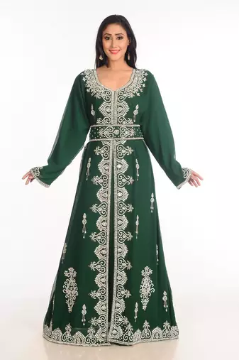 Green zari work stones & beads embellish georgette islamic style arabian maxi partywear kaftan