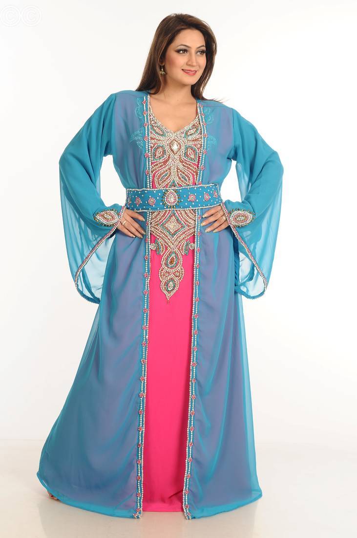 Multicolor zari work stones & beads embellish georgette islamic style arabian maxi partywear kaftan