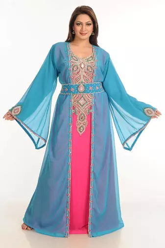 Multicolor zari work stones & beads embellish georgette islamic style arabian maxi partywear kaftan