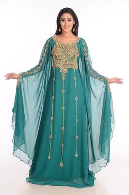 Teal zari work stones & beads embellish georgette islamic style arabian maxi partywear kaftan 1
