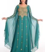 Teal zari work stones & beads embellish georgette islamic style arabian maxi partywear kaftan