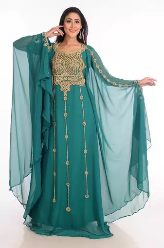 Teal zari work stones & beads embellish georgette islamic style arabian maxi partywear kaftan