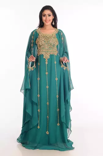 Teal zari work stones & beads embellish georgette islamic style arabian maxi partywear kaftan