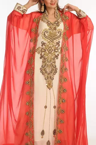 Multicolor zari work georgette islamic style party wear stones and beads embedded arabian kaftan