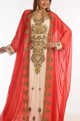 Multicolor zari work georgette islamic style party wear stones and beads embedded arabian kaftan