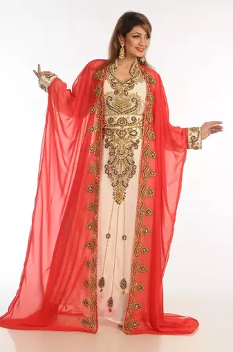 Multicolor zari work georgette islamic style party wear stones and beads embedded arabian kaftan