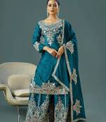 Teal colour chinnon silk heavy embroidery work fully stitched plazo pair