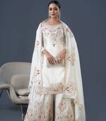 White colour chinnon silk heavy embroidery work fully stitched plazo pair