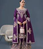 Wine colour chinnon silk heavy embroidery work fully stitched plazo pair
